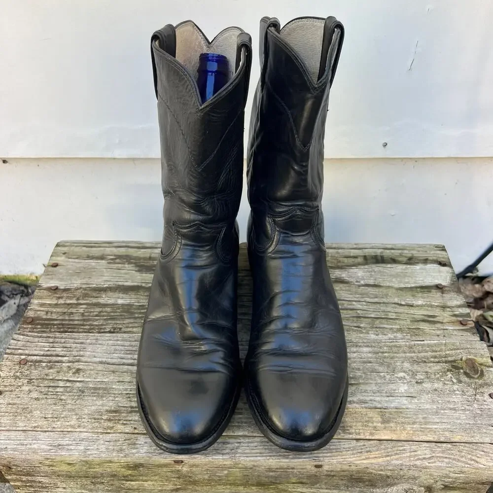 Vintage Justin Boots Black Roper Pull On Round Toe Cowboy Western 3133 8 1/2 D